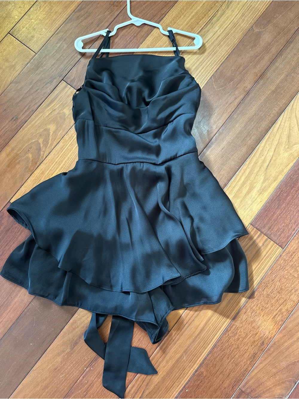 Black Satin Tiered Mini Dress/Romper with Tie Back